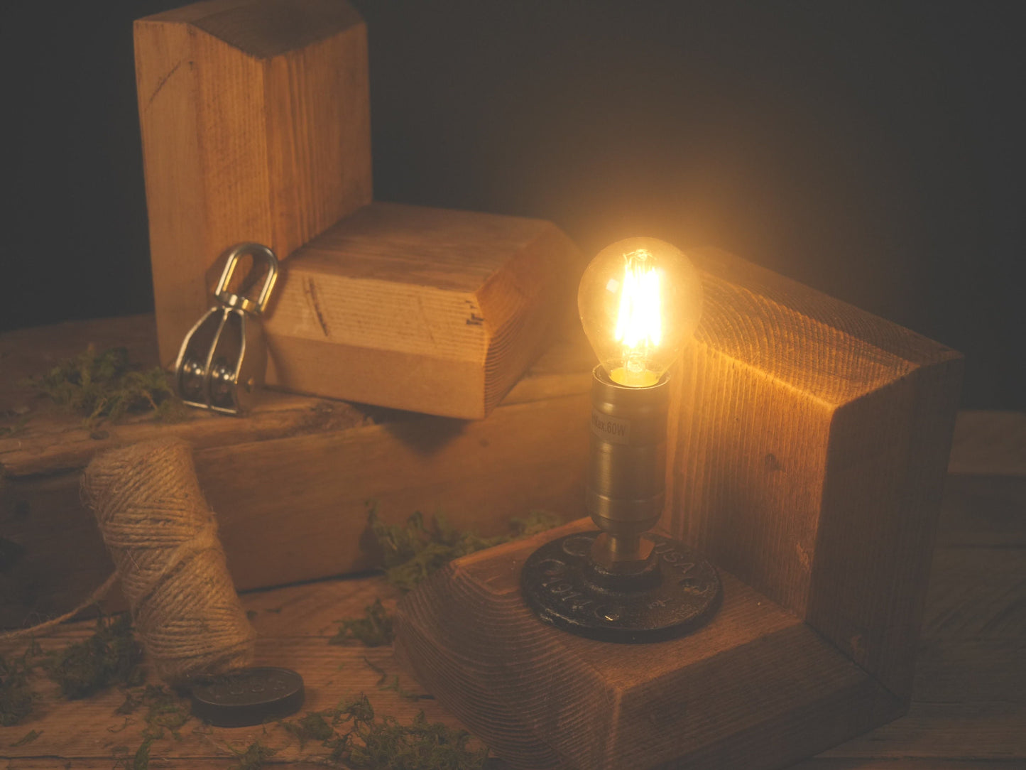 Industrial WOODEN LAMP Bookends - Rustic Desk LIGHT - Wrought iron and Brass stylish light fitting 1.6+ meter long cord - personalise