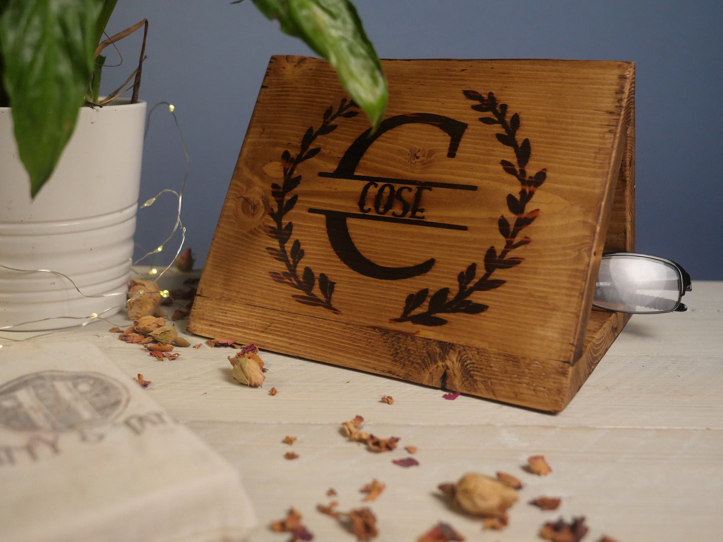 WOODEN Monogram BOOKREST - PERSONALISED Rustic Burnt in Name, Bookmark, page saver - Bedside table organiser, Glasses & Phone