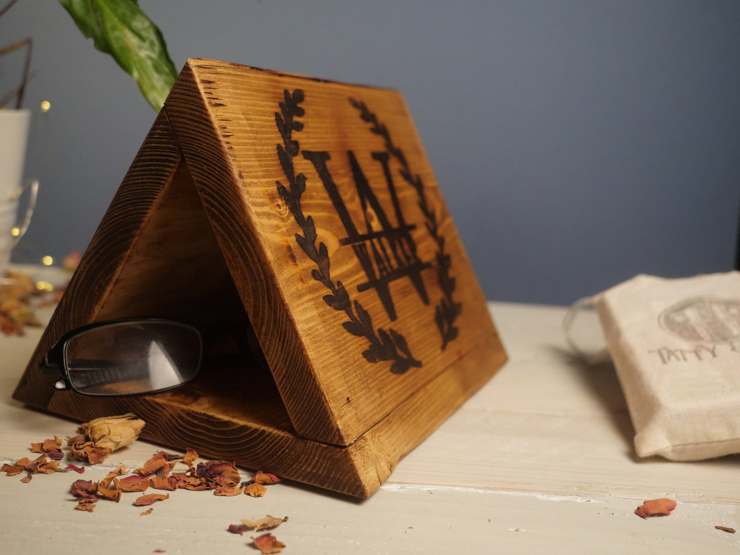 WOODEN Monogram BOOKREST - PERSONALISED Rustic Burnt in Name, Bookmark, page saver - Bedside table organiser, Glasses & Phone