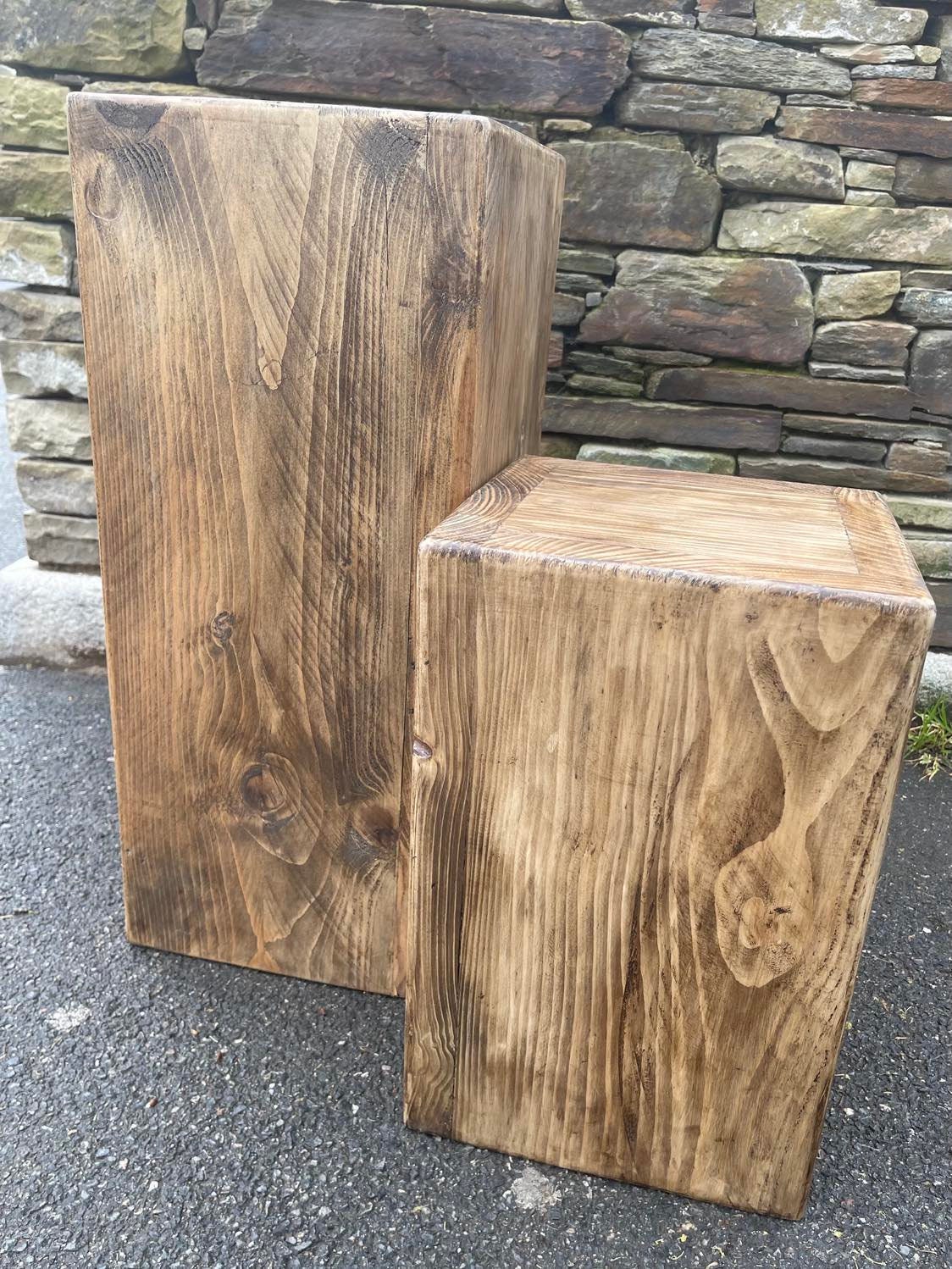 2 WOODEN RUSTIC Pilar Tables | Pair of Square PLANT pot stands, Bedside Hallway Entrance tidy, Sofa side table. Custom Size and Colour