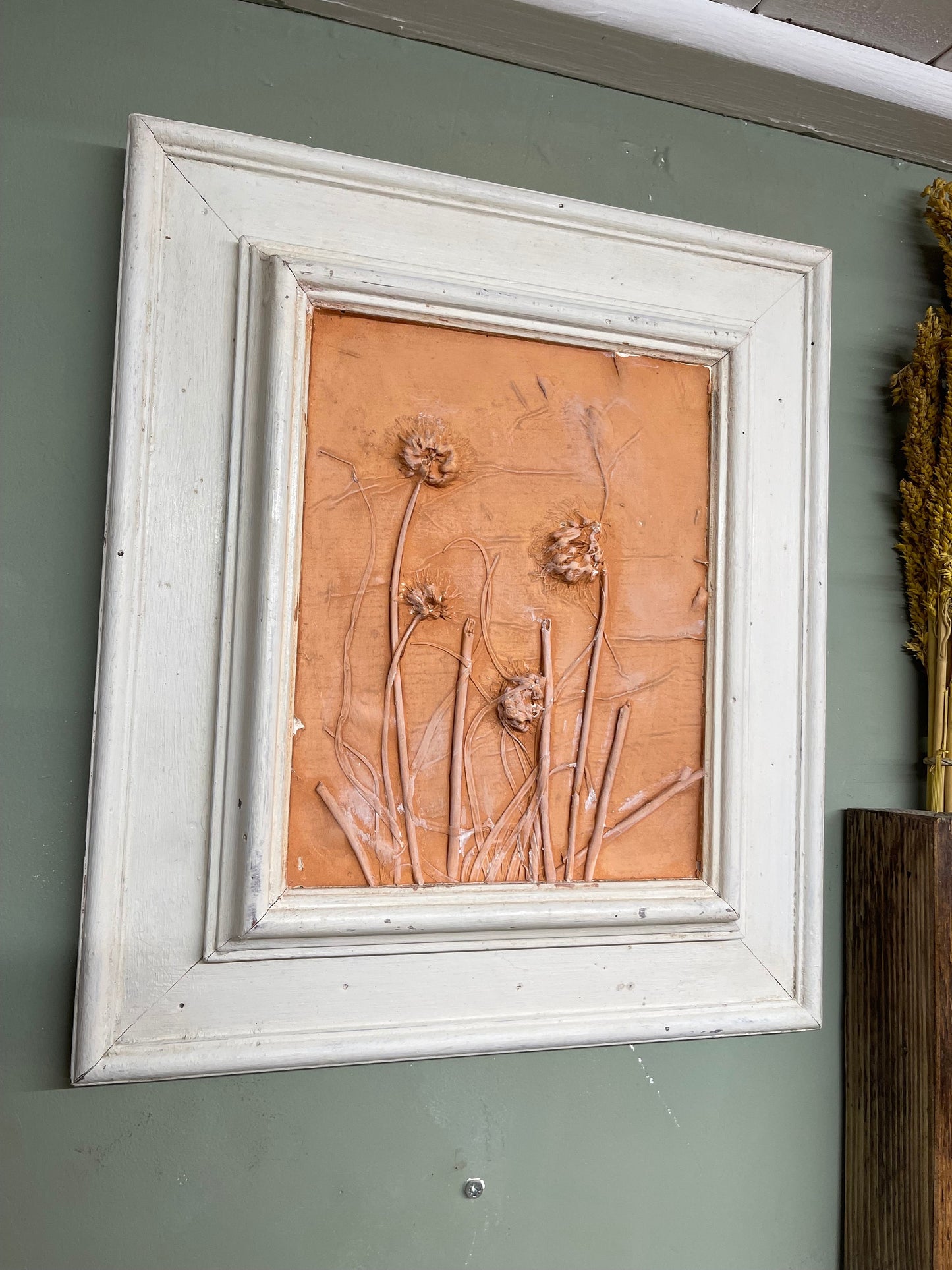 FLORAL botanical FRAMED CASTING - herbal wall decor country house kitchen, plaster and concrete in wood frame herbalist art