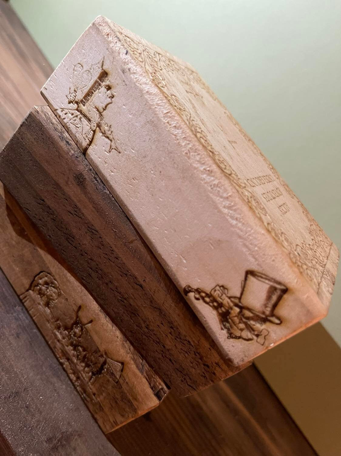 Alice In Wonderland Wooden Book Stack, handmade laser engraved 3 Alice adventures Underground Book Blocks for ornaments dainty kid story