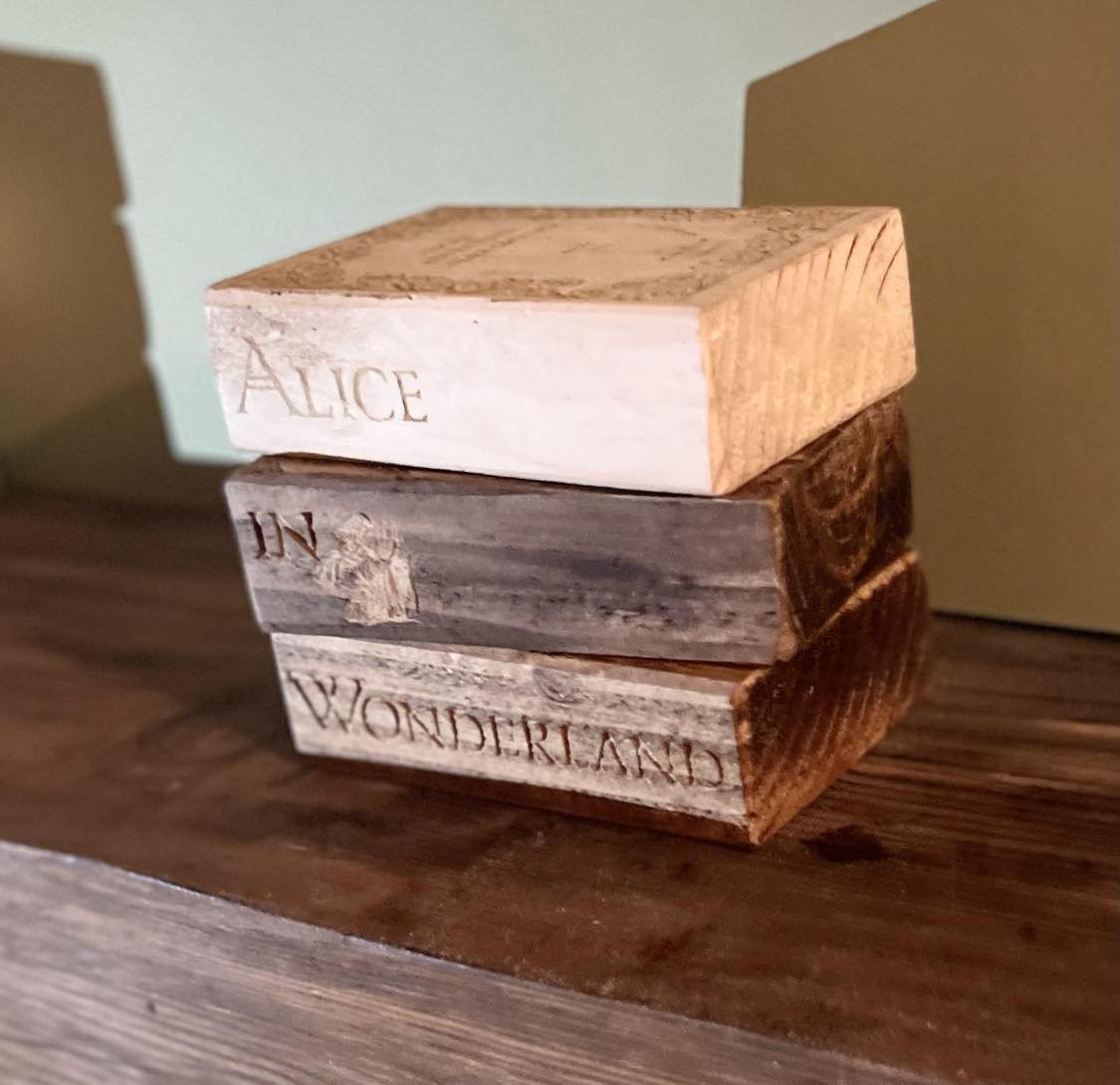 Alice In Wonderland Wooden Book Stack, handmade laser engraved 3 Alice adventures Underground Book Blocks for ornaments dainty kid story