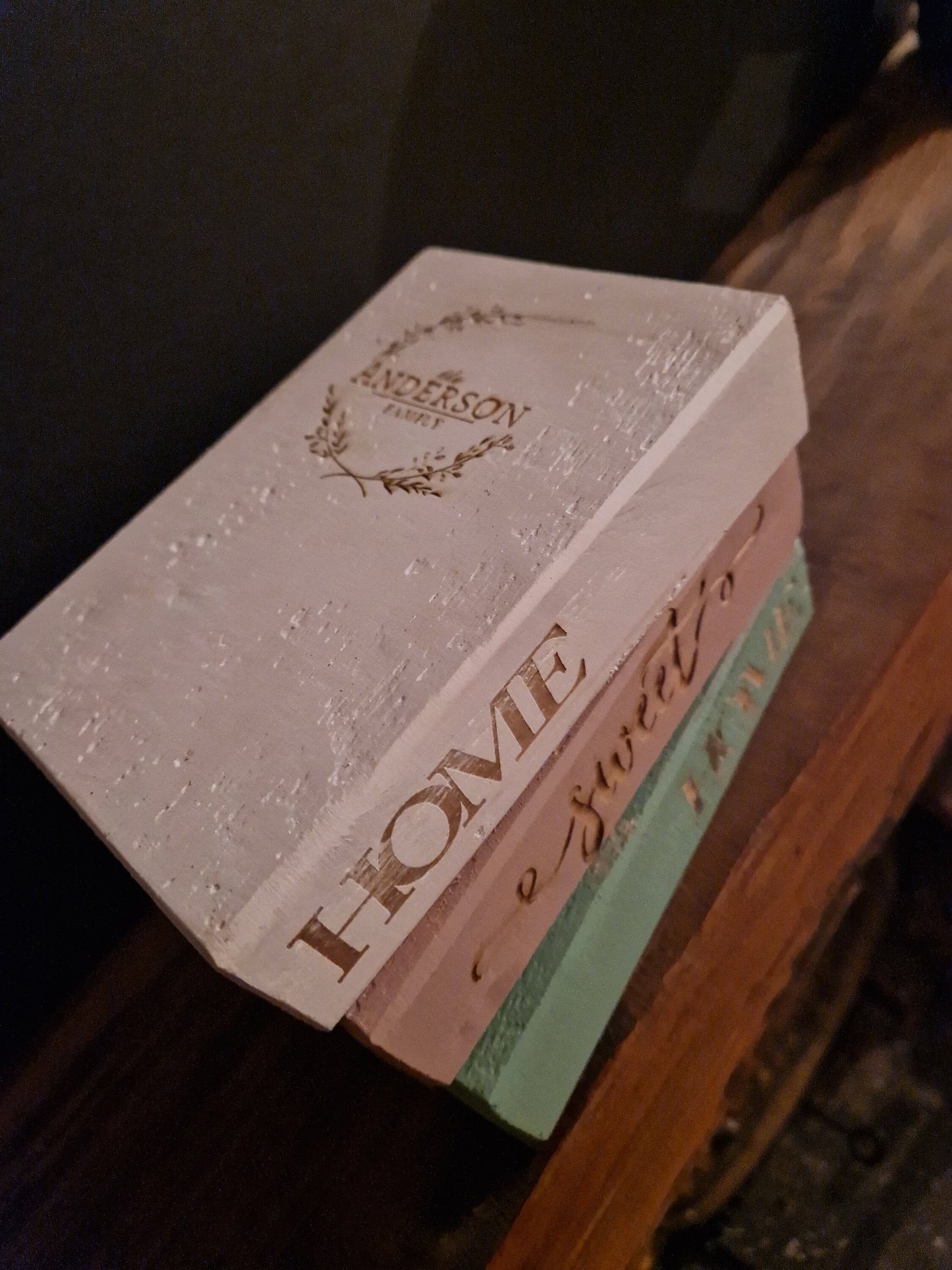 PERSONALISED Home Sweet Home wooden FAMILY book stack, 3 laser ENGRAVED Chalk paint wood hand cut home décor