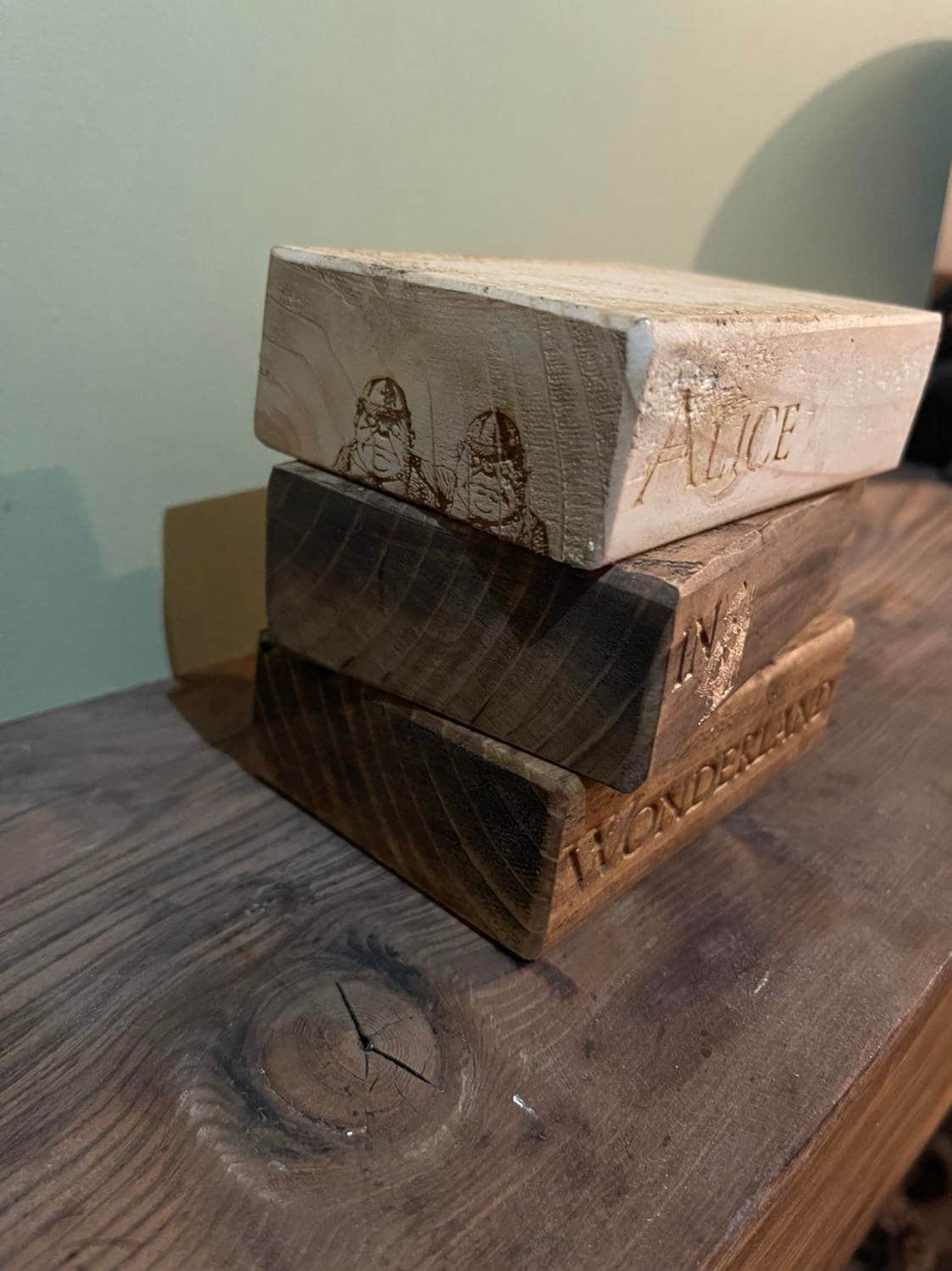 Alice In Wonderland Wooden Book Stack, handmade laser engraved 3 Alice adventures Underground Book Blocks for ornaments dainty kid story