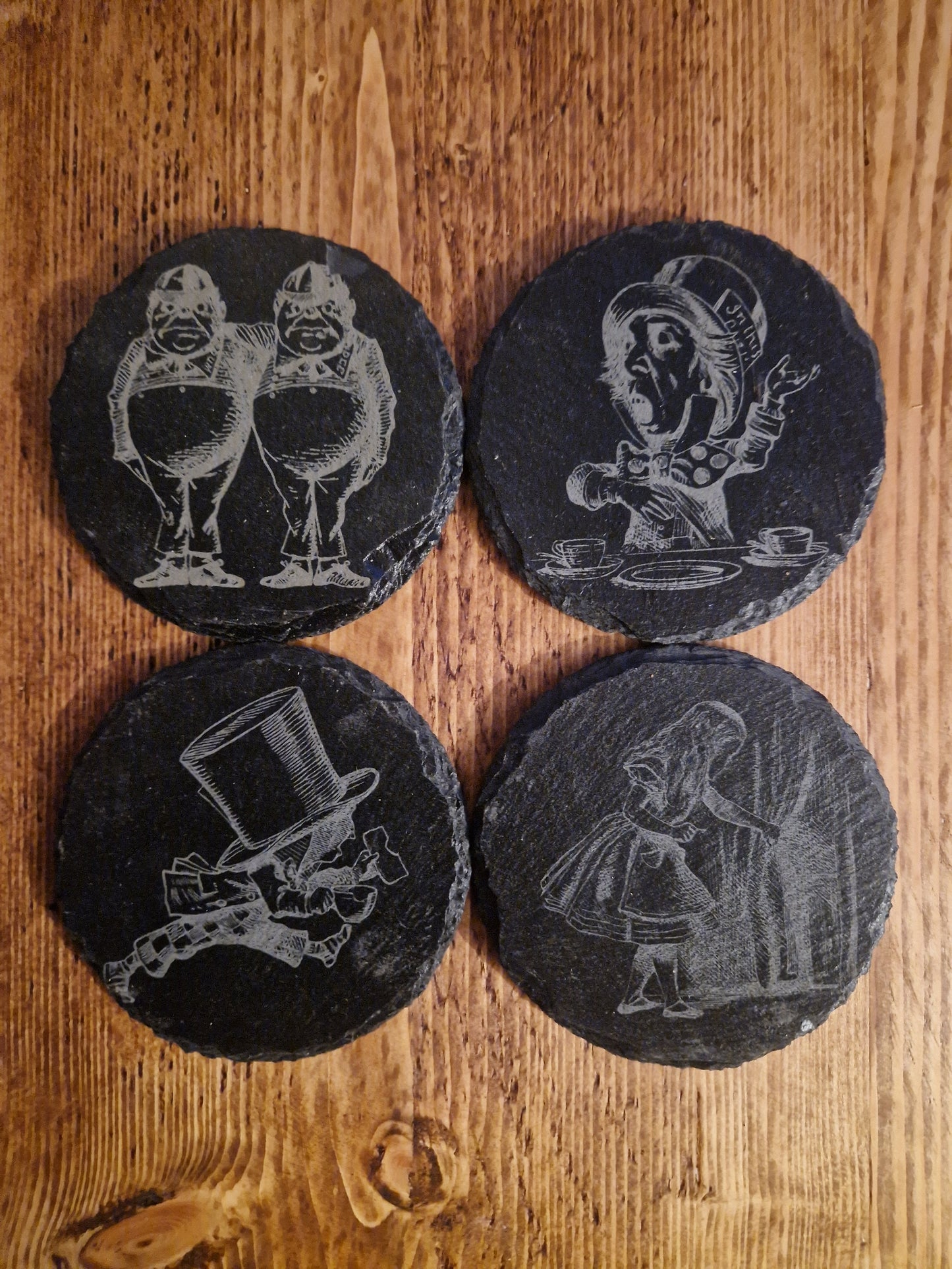 Alice In wonderland round slate coasters, 4" choose your own design. Set of 4 or 6. Protective Finish for stain resistance.