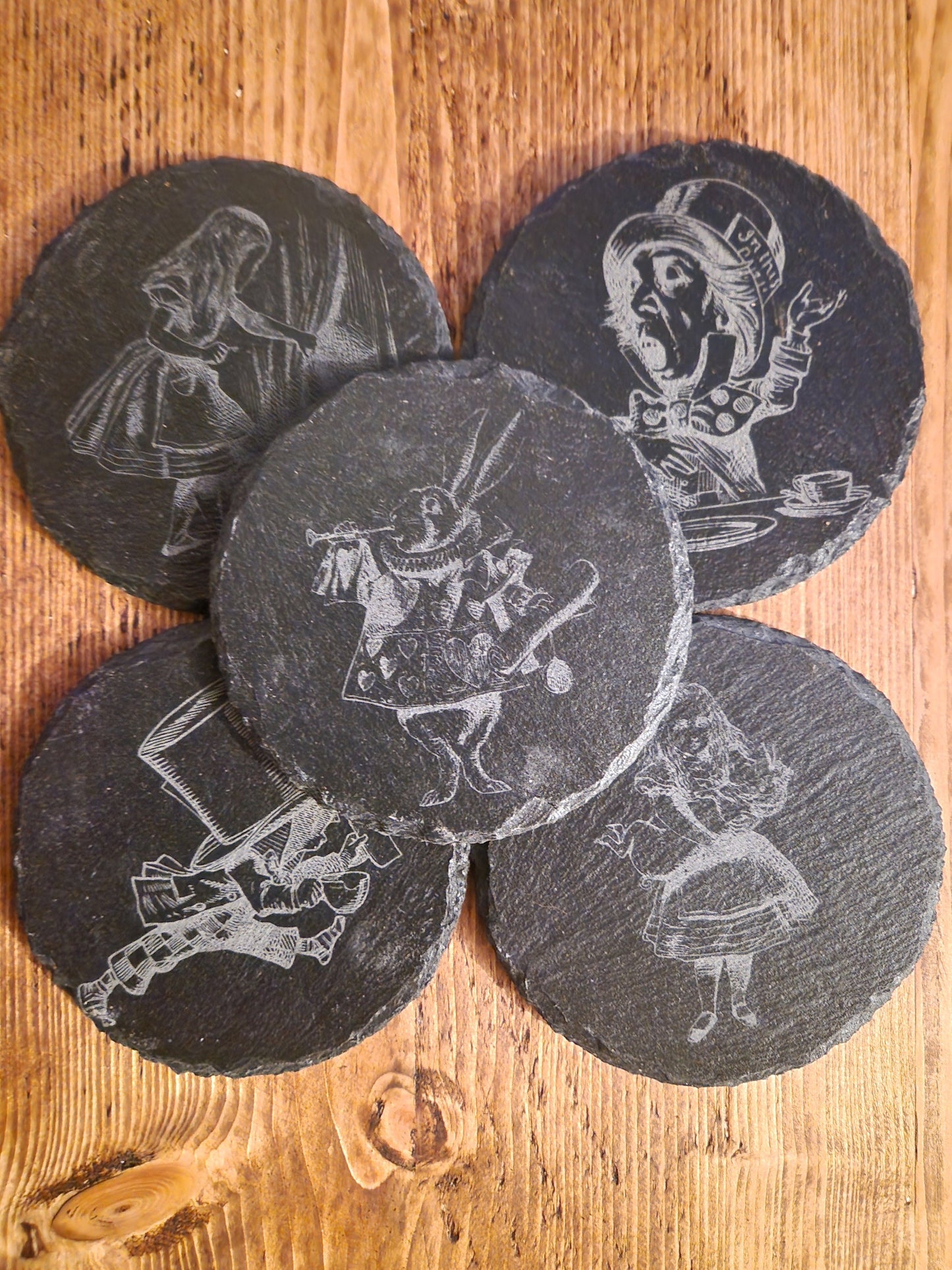 Alice In wonderland round slate coasters, 4" choose your own design. Set of 4 or 6. Protective Finish for stain resistance.
