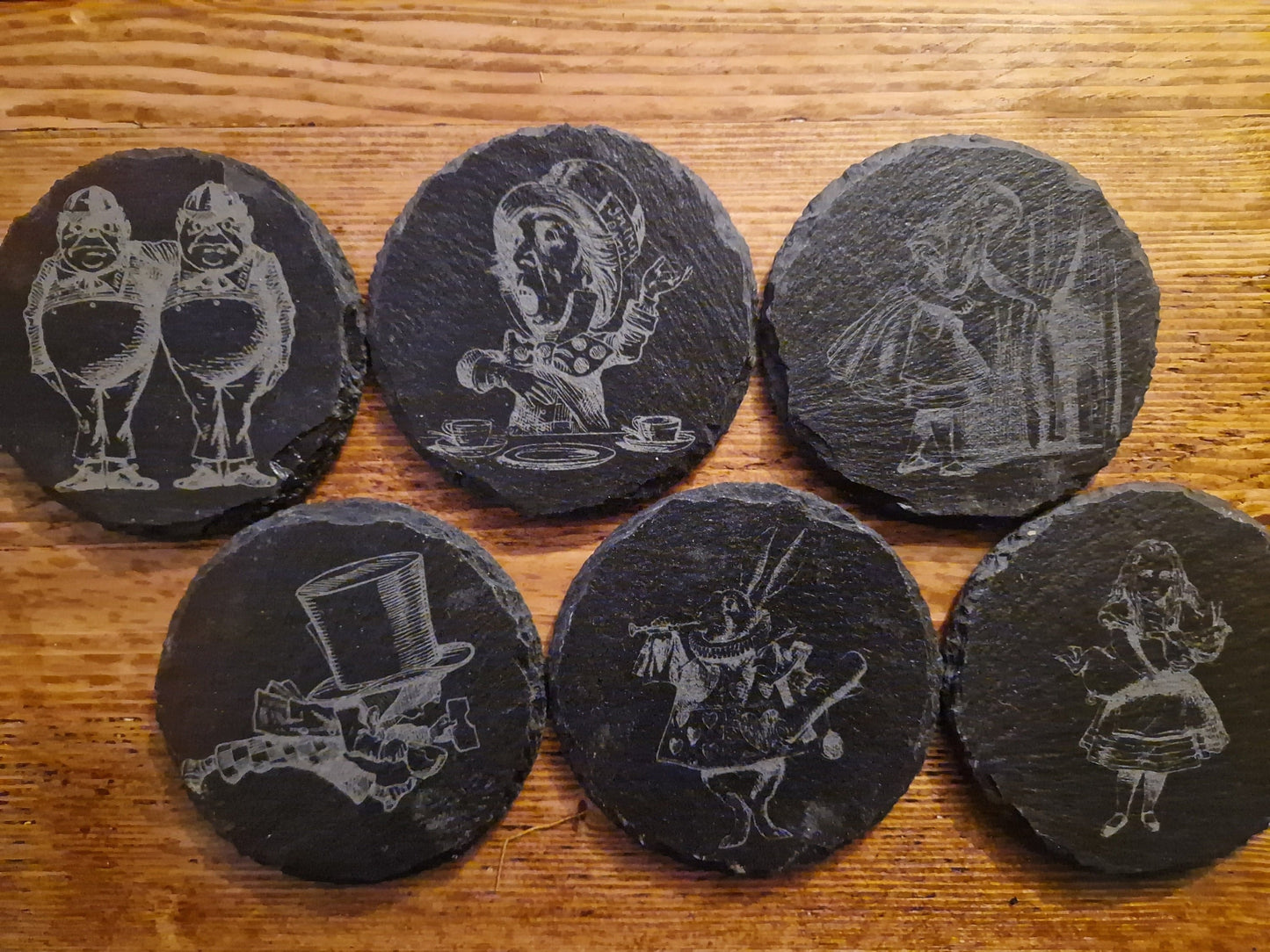Alice In wonderland round slate coasters, 4" choose your own design. Set of 4 or 6. Protective Finish for stain resistance.