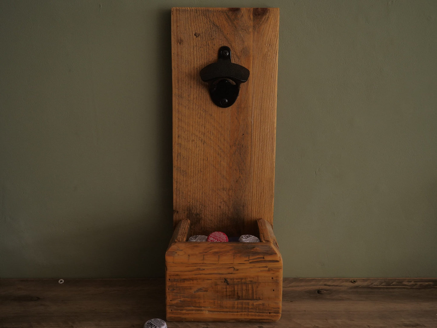 WOODEN rustic BOTTLE OPENER | Country kitchen industrial bar inside outside convenient bottle top remover and catcher Hanging home style