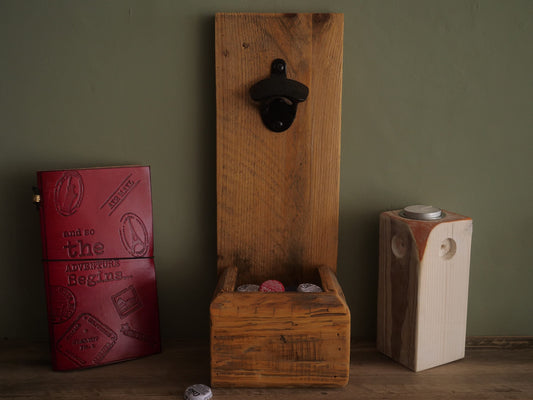 WOODEN rustic BOTTLE OPENER | Country kitchen industrial bar inside outside convenient bottle top remover and catcher Hanging home style