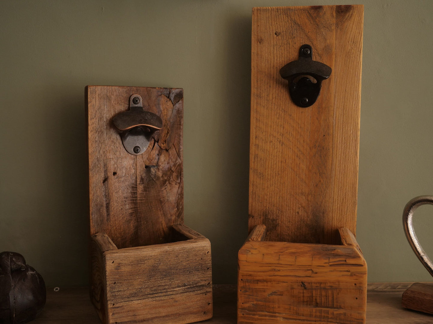 WOODEN rustic BOTTLE OPENER | Country kitchen industrial bar inside outside convenient bottle top remover and catcher Hanging home style