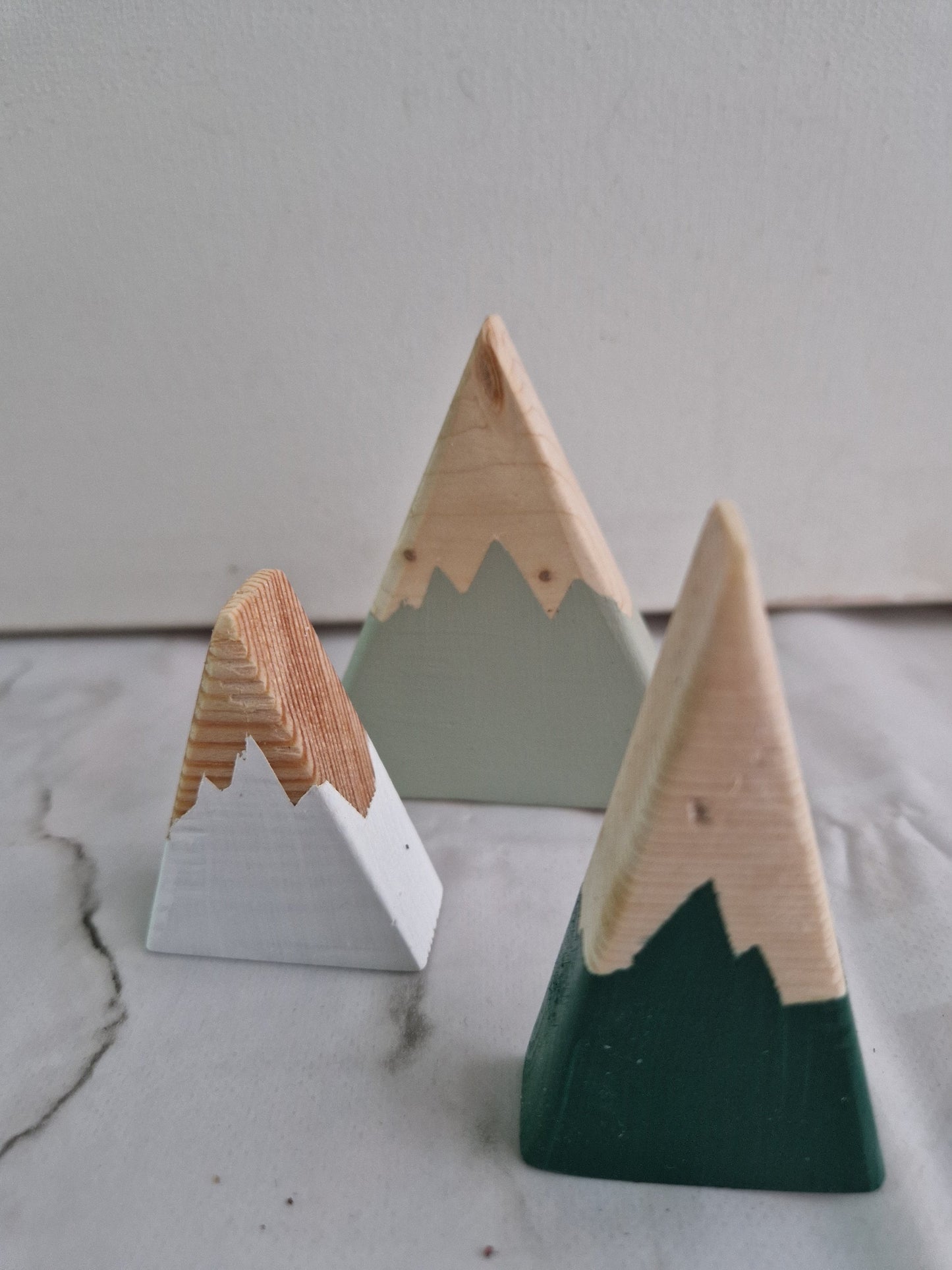 WOODEN MOUNTAIN décor, set of three with COTTON Storage bag | modern chalk paint decoration green triangle accent gift