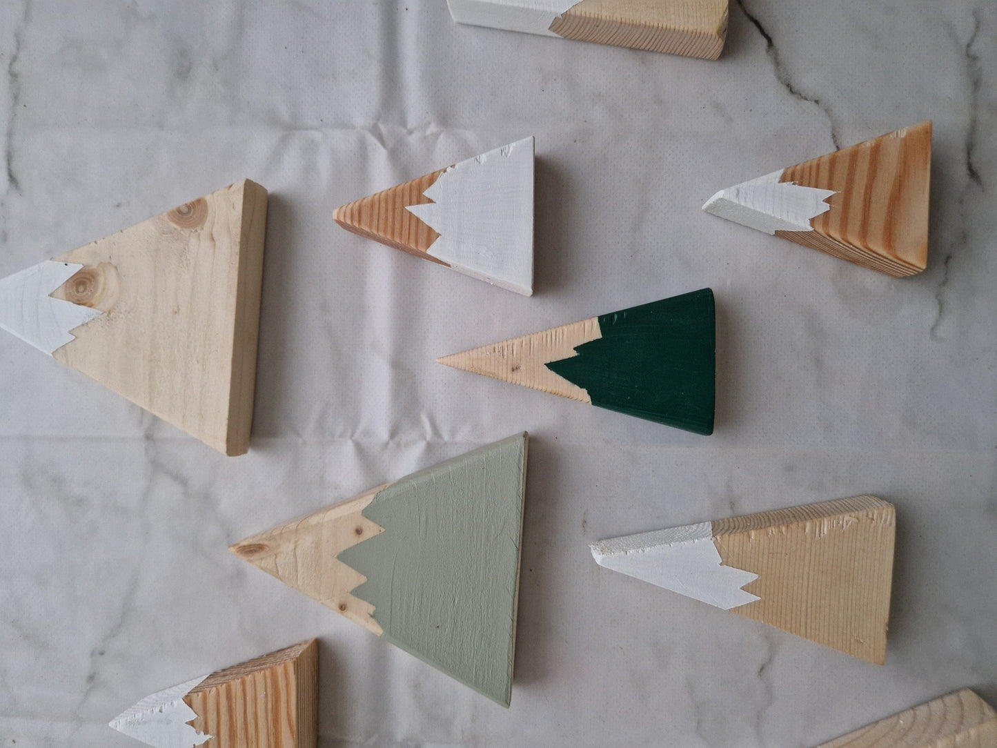 WOODEN MOUNTAIN décor, set of three with COTTON Storage bag | modern chalk paint decoration green triangle accent gift