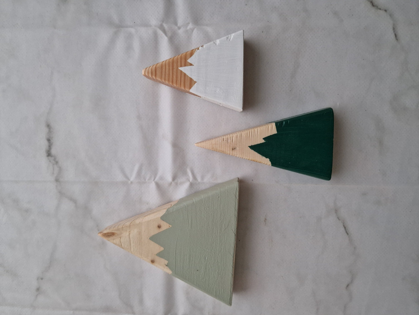 WOODEN MOUNTAIN décor, set of three with COTTON Storage bag | modern chalk paint decoration green triangle accent gift