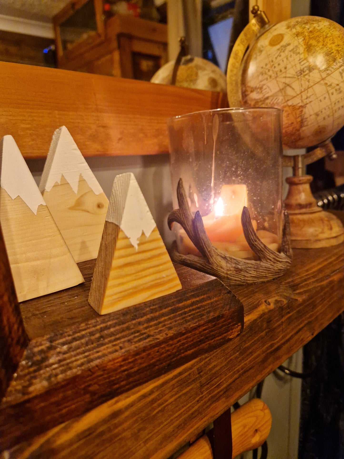 WOODEN MOUNTAIN décor, set of three with COTTON Storage bag | modern chalk paint decoration green triangle accent gift