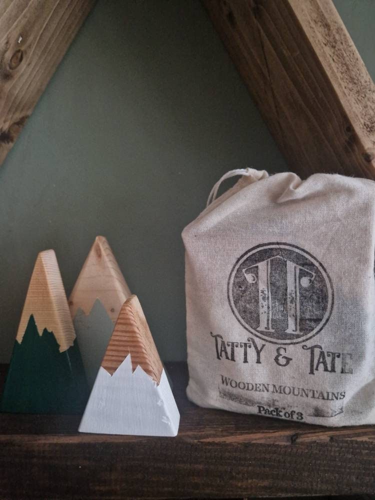 WOODEN MOUNTAIN décor, set of three with COTTON Storage bag | modern chalk paint decoration green triangle accent gift