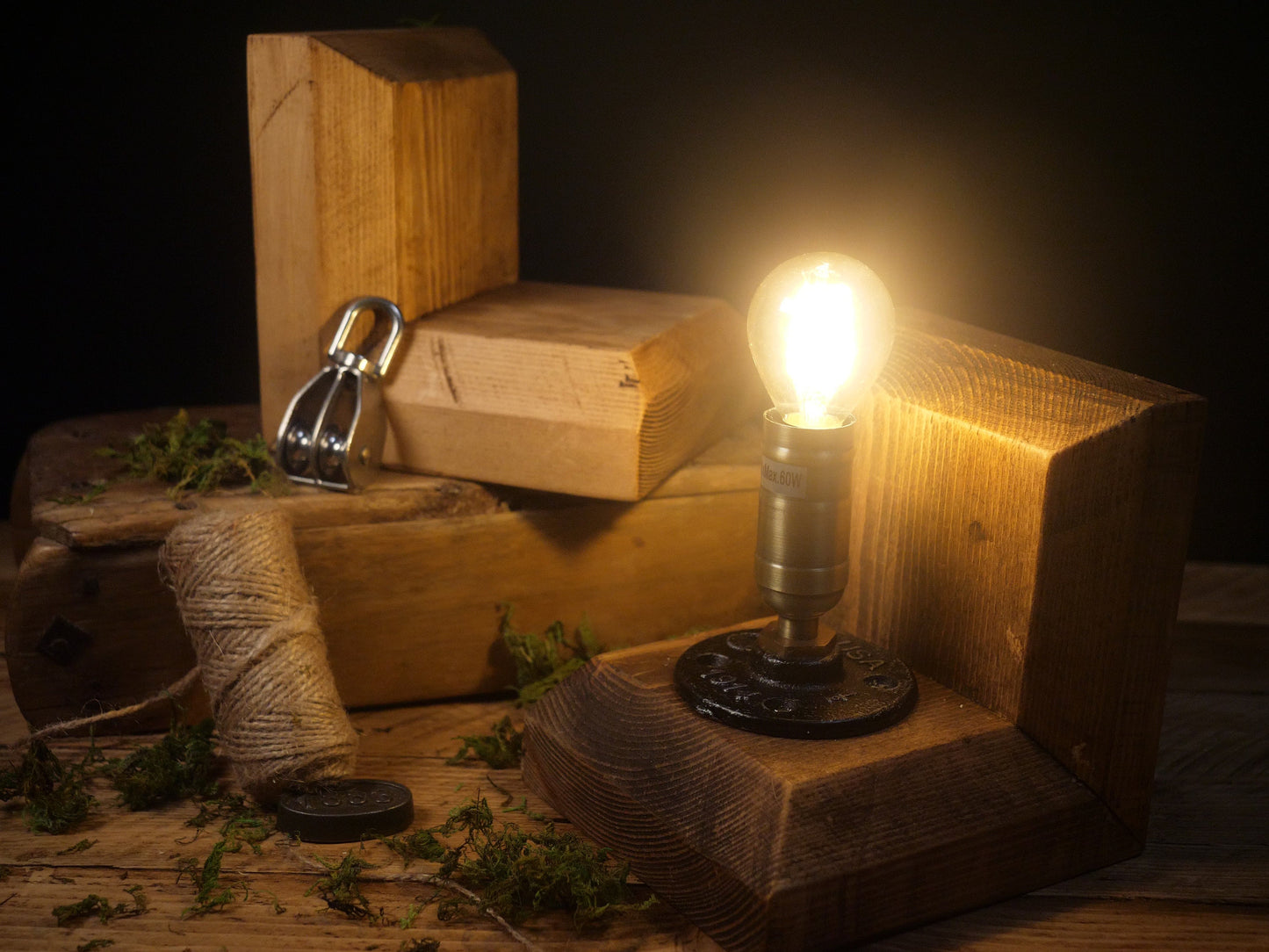Industrial WOODEN LAMP Bookends - Rustic Desk LIGHT - Wrought iron and Brass stylish light fitting 1.6+ meter long cord - personalise