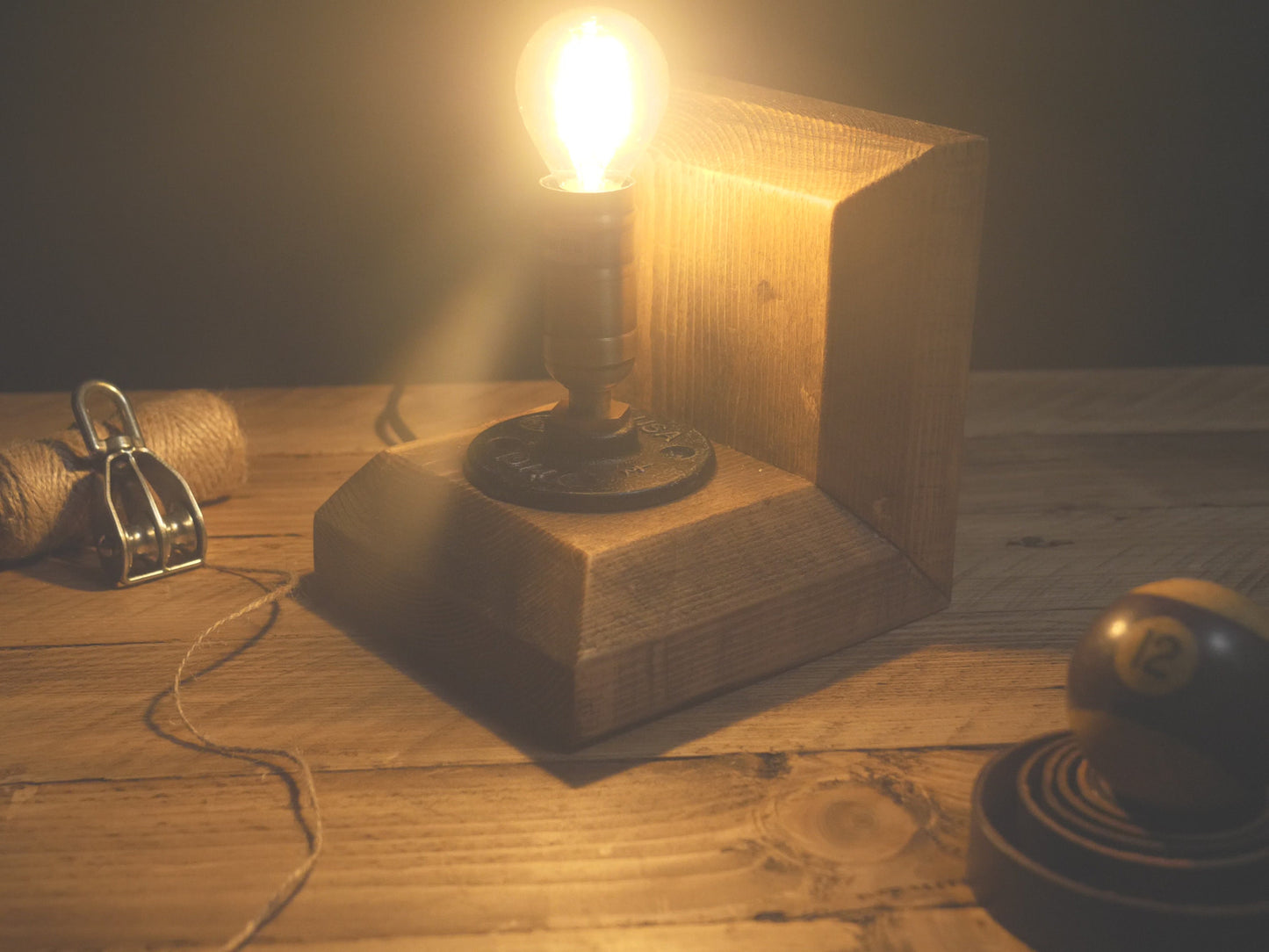 Industrial WOODEN LAMP Bookends - Rustic Desk LIGHT - Wrought iron and Brass stylish light fitting 1.6+ meter long cord - personalise