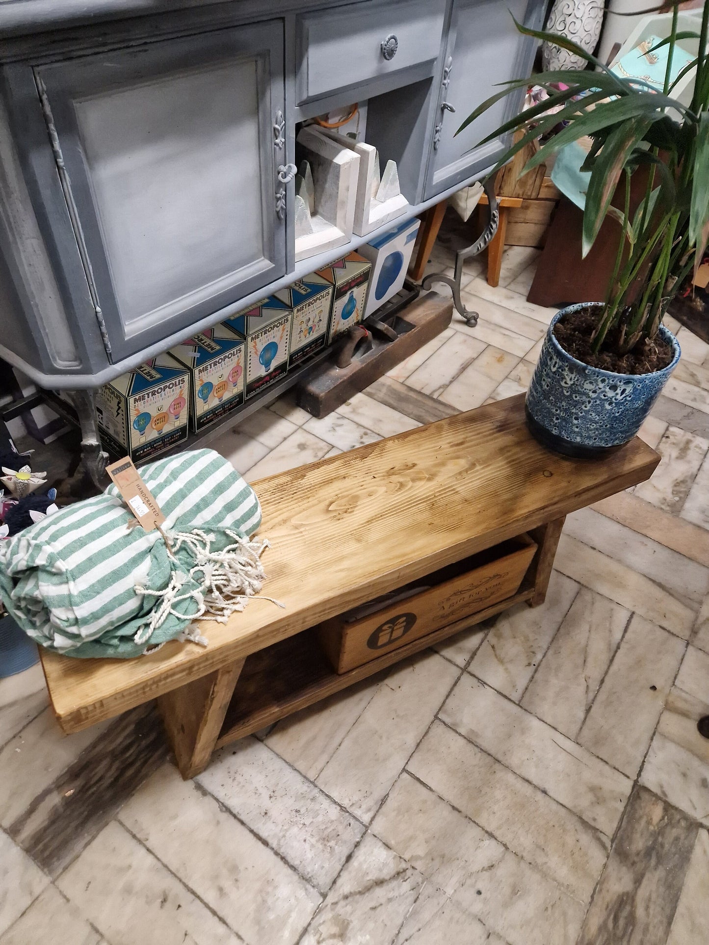 Sturdy Rustic Bench, Thick reclaimed Wood seat with shelf storage brown waxed Brass pinned accents hall display shoe station