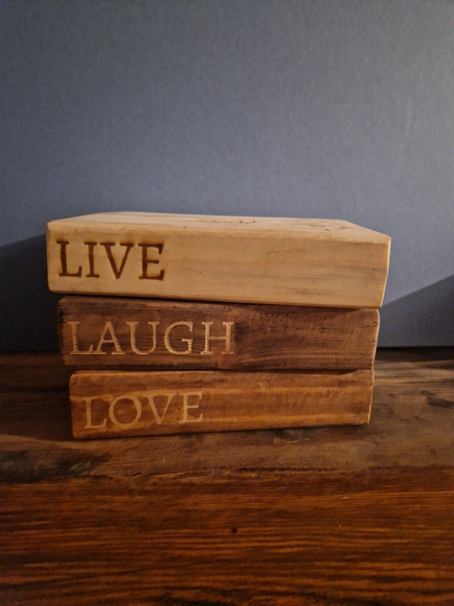 Valentines Anniversary Personalised engraved 3 wooden book stack couple holding hands, Names and date personalise Live Laugh Love