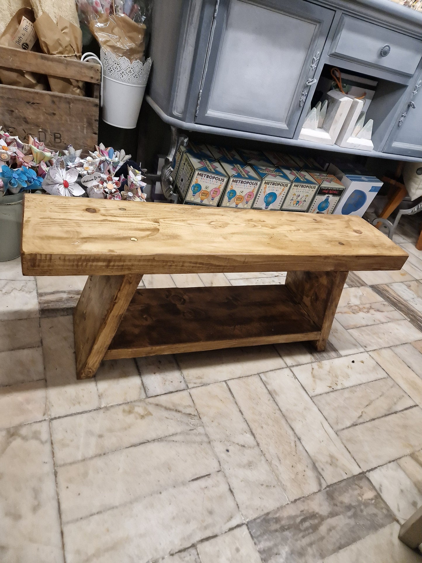Sturdy Rustic Bench, Thick reclaimed Wood seat with shelf storage brown waxed Brass pinned accents hall display shoe station
