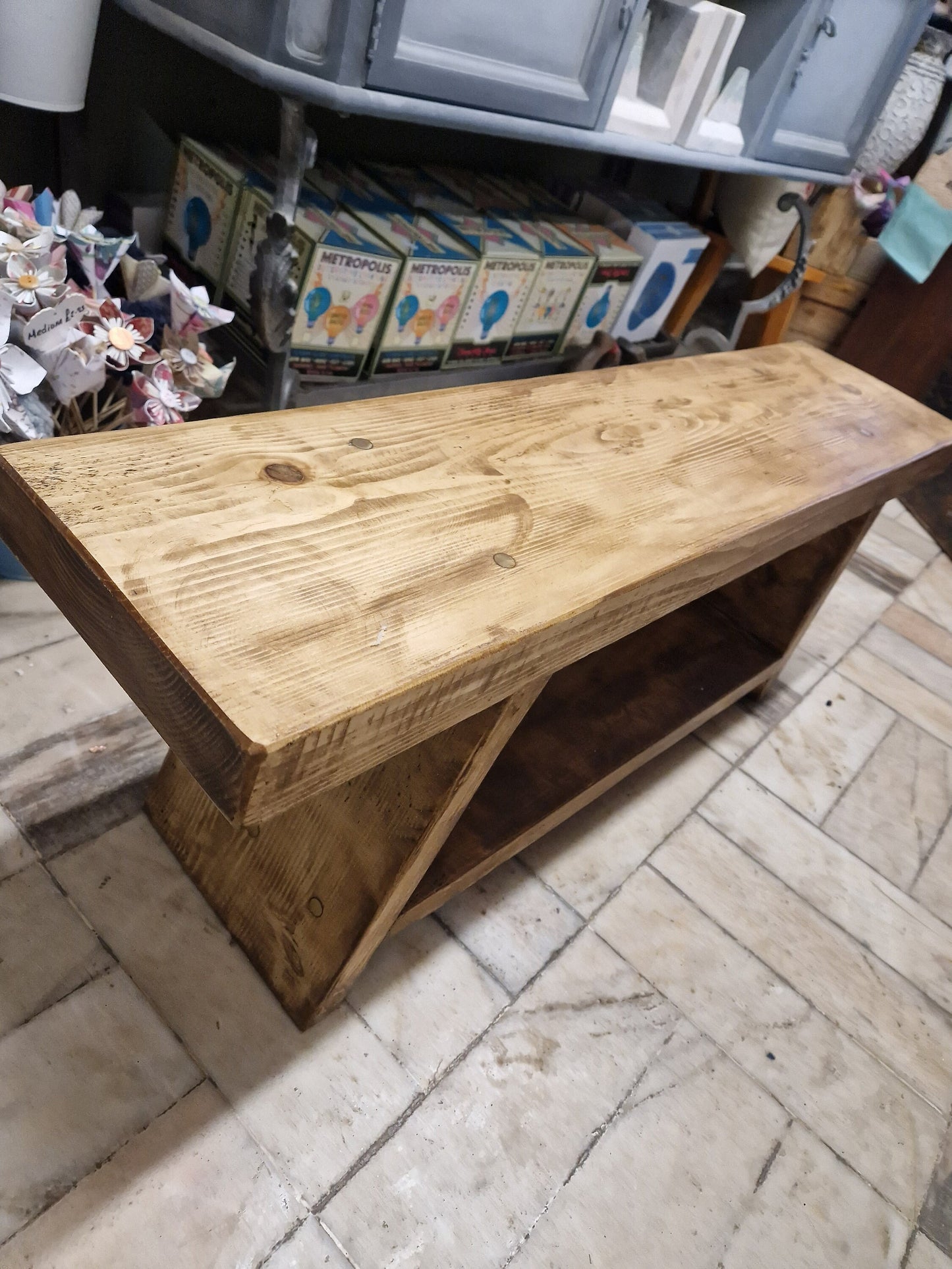 Sturdy Rustic Bench, Thick reclaimed Wood seat with shelf storage brown waxed Brass pinned accents hall display shoe station