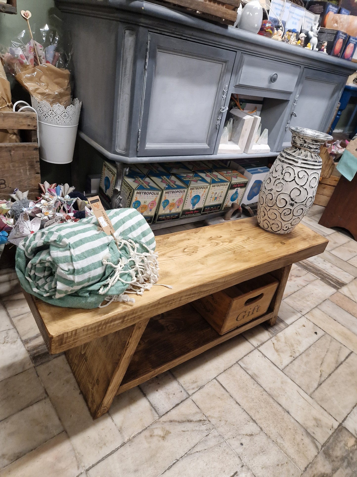 Sturdy Rustic Bench, Thick reclaimed Wood seat with shelf storage brown waxed Brass pinned accents hall display shoe station