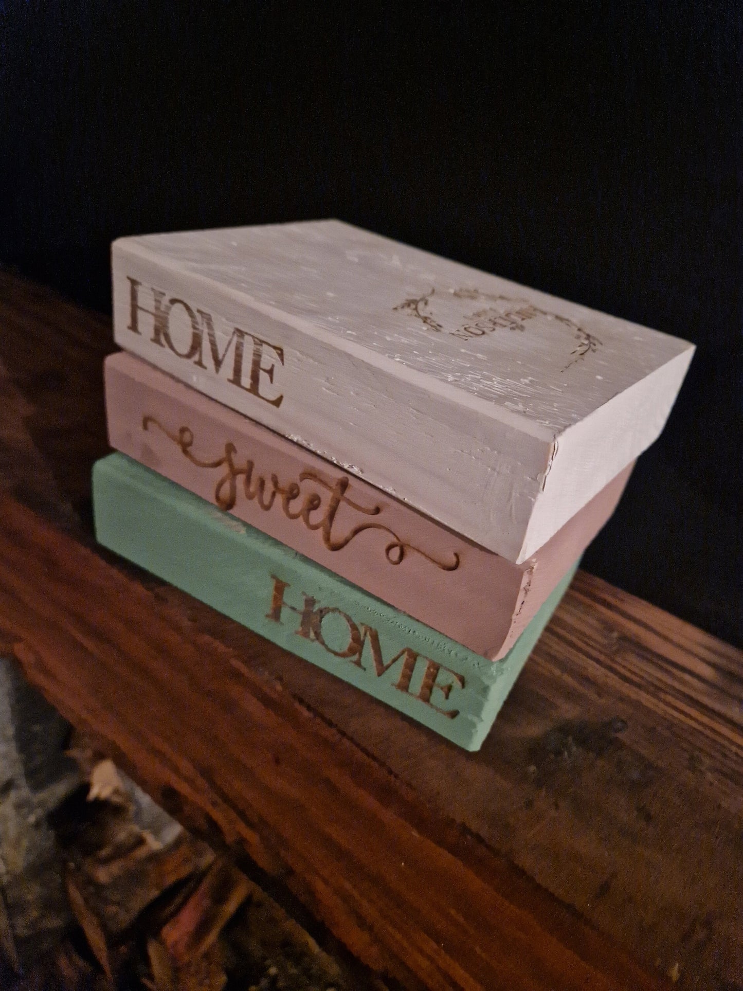 PERSONALISED Home Sweet Home wooden FAMILY book stack, 3 laser ENGRAVED Chalk paint wood hand cut home décor
