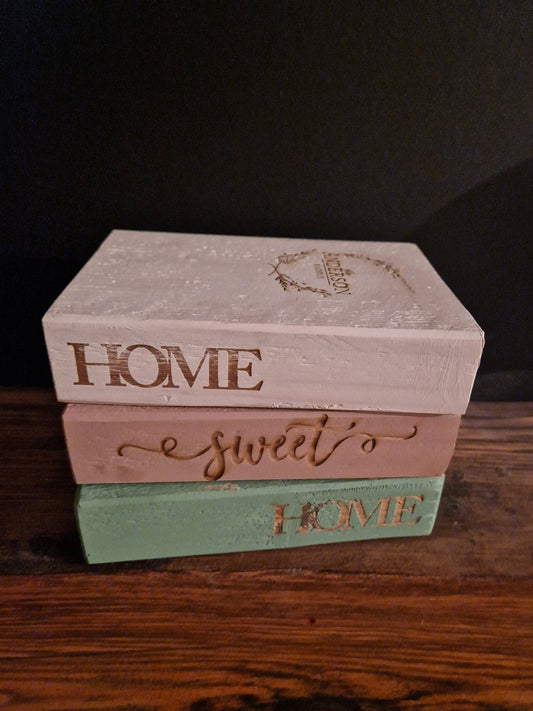 PERSONALISED Home Sweet Home wooden FAMILY book stack, 3 laser ENGRAVED Chalk paint wood hand cut home décor
