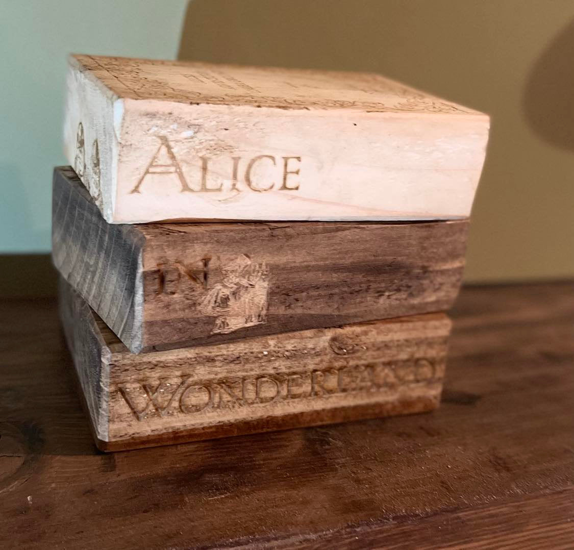 Alice In Wonderland Wooden Book Stack, handmade laser engraved 3 Alice adventures Underground Book Blocks for ornaments dainty kid story