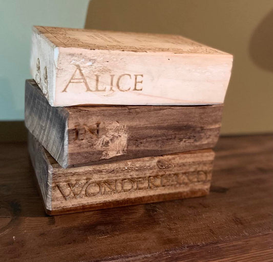 Alice In Wonderland Wooden Book Stack, handmade laser engraved 3 Alice adventures Underground Book Blocks for ornaments dainty kid story