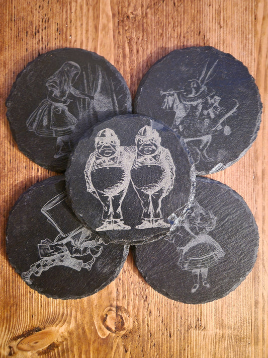 Alice In wonderland round slate coasters, 4" choose your own design. Set of 4 or 6. Protective Finish for stain resistance.