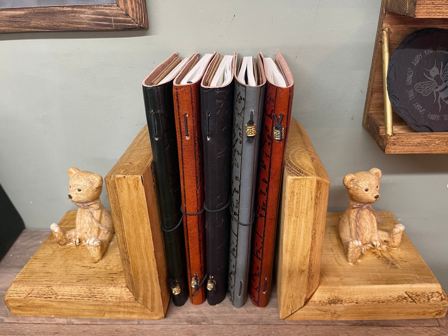 Rustic Bear Wooden BOOKENDS | country home décor sturdy book ORGANISER accessories vintage natural design colour options perfect gift